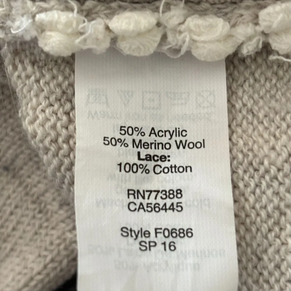 J.Crew Women S Oatmeal Merino Wool Blend Cropped Sweater Crochet Lace Trim #22